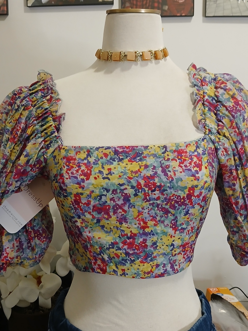 Square-Neck Floral Puff Sleeve Crop Top - Multicolor
